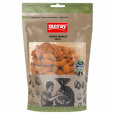 A 150g resealable pack of Meray Spicy chilli Cashews with a transparent window displaying the nuts and an illustration of a person operating a roasting machine on the front.